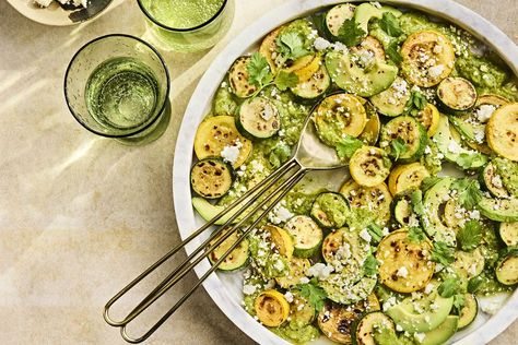 Blistered Summer Squash Salad Summer Squash Salad, Tomatillo Sauce, Squash Salad, Cotija Cheese, Summer Squash, Vegetable Sides, Zucchini Recipes, Vegetable Side Dishes, Us Foods