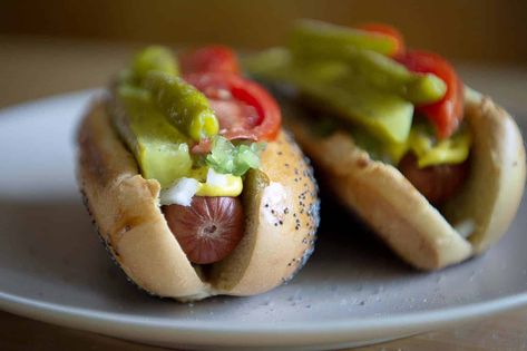 Chicago-Style Hot Dog Chicago Style Hot Dog, American Foods, Chicago Dog, Beef Hot Dogs, Chicago Style, Steamed Buns, American Food, Chopped Onions, Gluten Free Vegetarian