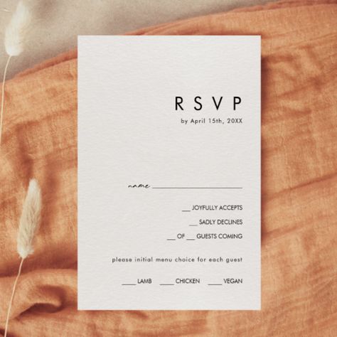 Modern Minimalist Menu Choice RSVP Card Classy Boho Wedding, Rehearsal Dinner Food, Bridal Shower Menu, Contemporary Typography, Unique Bridal Shower, Modern Minimalist Wedding, Chic Bohemian, Photo Invitations, Wedding Dinner