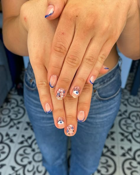 Turkey Inspired Nails, Nails With Turkish Eye, Turkey Holiday Nails, Middle Eastern Nails, Turkey Eye Nails, Lucky Eye Nails, Evil Eye Nails Short, Turkish Nails, Blue Eye Nails