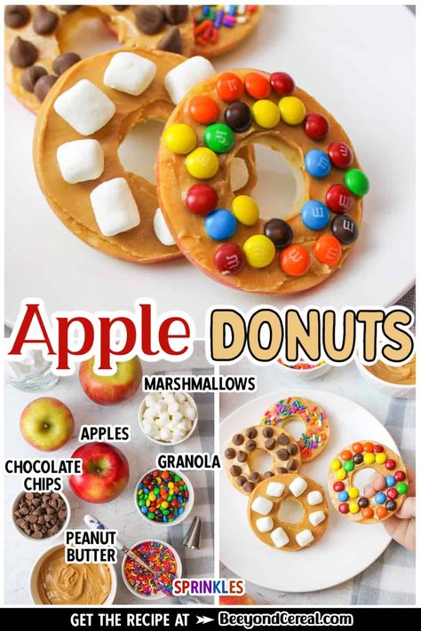 Fresh, crisp, and delicious apple slices topped with your favorite spreads and toppings like granola, sprinkles, chocolate, or fruit, make these no bake apple donuts an irresistible treat. Apple donuts are a healthier treat and one my kids constantly beg for and fight over. They love the variety of toppings as I'm sure your kids will as well. With so many varieties and options, this treat can never truly be boring. Every apple brings several slices of possibilities to the table, quite ... Classroom Snacks, Preschool Cooking, Theme Snack, Kids Food Crafts, Apple Snacks, Sommer Mad, Apple Donuts, Creative Snacks, Food Activities