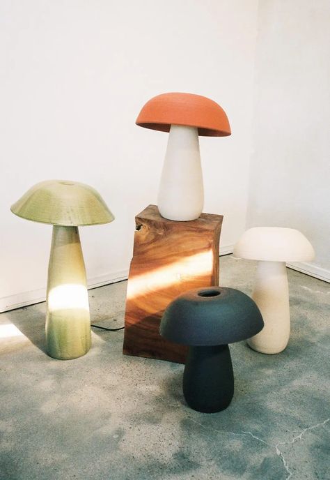 For Sale on 1stDibs - Set of 4 Mushroom Lamps by Nick Pourfard Dimensions: Small (x3) Ø 33 x H 38 cm. Medium (x1) Ø 38 x H 56 cm. Materials: ceramic. Different finishes available. Editorial Architecture, Mushroom Lamps, Mushroom Light, Ceramic Mushroom, Lamp Inspiration, Pantone Palette, Mushroom Lights, Mushroom Lamp, Ceramic Lamp