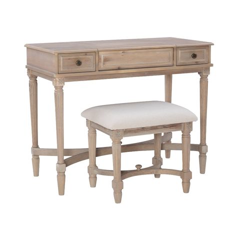 The Cyndi Vanity Set has a traditional design and style. The vanity features an elegant trim work detailed front and decorative curving base. The gray wash finish is accented with small round brass pulls. Two drawers and a lift top provide ample interior storage space. The matching stool features a padded beige stool for comfort. Vanity: Overall Width: 38” Overall Depth: 18” Overall Height: 48” Mirror Width: 15-1/4” Mirror Height: 13-1/2” Drawer Width: 7” Drawer Depth: 12-3/4” Drawer Height: 2-1 Vanity Bedroom, Padded Stool, Compact Desks, Traditional Vanity, Upholstered Stool, Trim Work, Bedroom Vanity, Brass Pulls, Rooms To Go