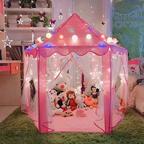 Large Playhouse, Princess Playhouse, Princess Tent, Playhouse Kids, Girls Playhouse, Kids Castle, Star String Lights, Play Tents, Fairy Lights Bedroom