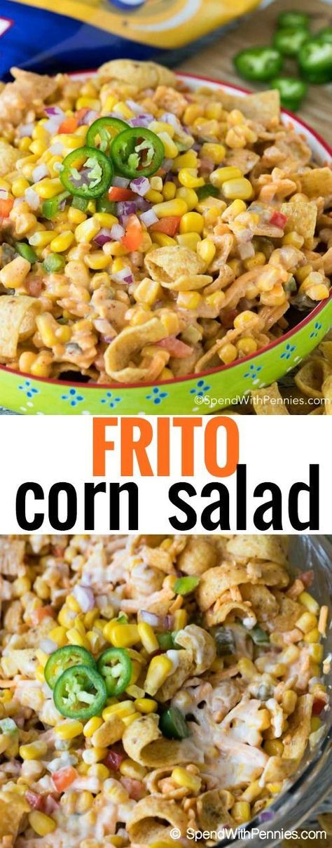 This was a HUGE hit at my potluck! Frito Corn Salad combines sweet juicy corn, fresh bell peppers, spicy jalapenos and of course crunchy Fritos all in a creamy dressing. This is the perfect potluck side dish or appetizer dip! Frito Corn Salad, Tuesday Dinner, Chili Cheese Fritos, Bbq Side Dish, Best Potato Salad Recipe, Mexican Corn Salad, Barbecue Side Dishes, Cheese Snack, Potluck Side Dishes