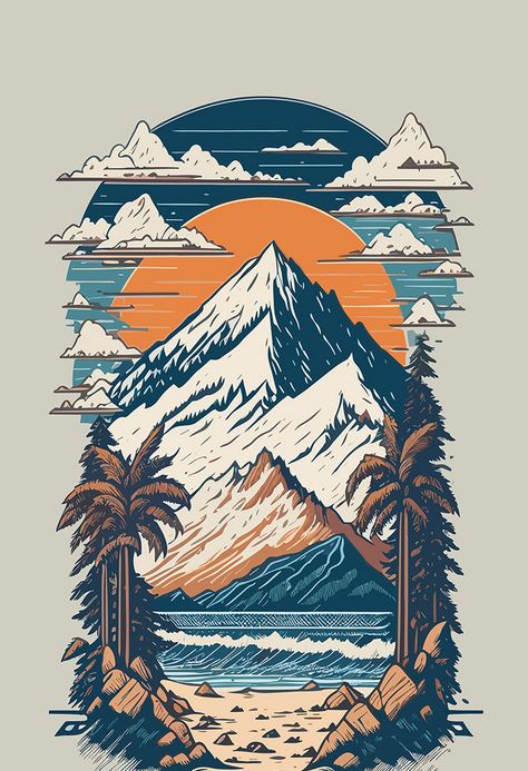 Sebuah Gunung Dengan Desain Kaos Gambar Vektor Pohon Palem#pikbest##Backgrounds Grafic Design Ideas Graphics, Mountain Sunset Landscapes, Trees Vector, Palm Tree Vector, T-shirt Design Illustration, Design Kaos, Mountain Illustration, T Shirt Design Template, Illustration T Shirt