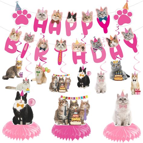 PRICES MAY VARY. Package Include: You will get 20PCS pink cat birthday party swirls decorations set include 8CS different cat paper cards, 8PCS single hang swirls, 3PCS cat honeycomb centerpieces and 1PC cat "happy birthday " banners. Design and Feature: Our lovely pink cat birthday party hanging swirls decorations supplies is designed for cat birthday and cat themed parties. Decorating the party indoors or outdoors for photos can make the party a great memory. Material and Crafts: Our cat birth Cat Birthday Theme Girl, Cat Theme Decor, Cat Theme Birthday Party, Cat Happy Birthday, Cat Birth, Cat Themed Parties, Cat Themed Birthday Party, Girls 3rd Birthday, Cat Paper