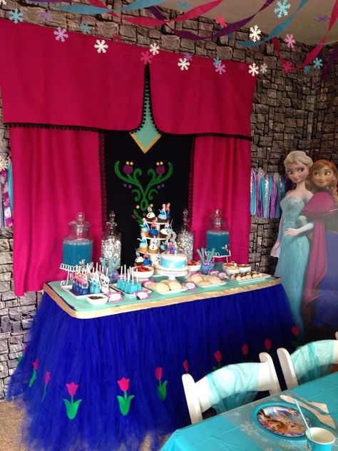 Lilly's Frozen Party! | CatchMyParty.com Anna Birthday Party Ideas, Frozen Dessert Table, Elsa And Anna Birthday Party, Frozen Fever Party, Anna Birthday Party, Disney Parties, Frozen Decorations, Frozen Bday Party, Disney Frozen Birthday Party