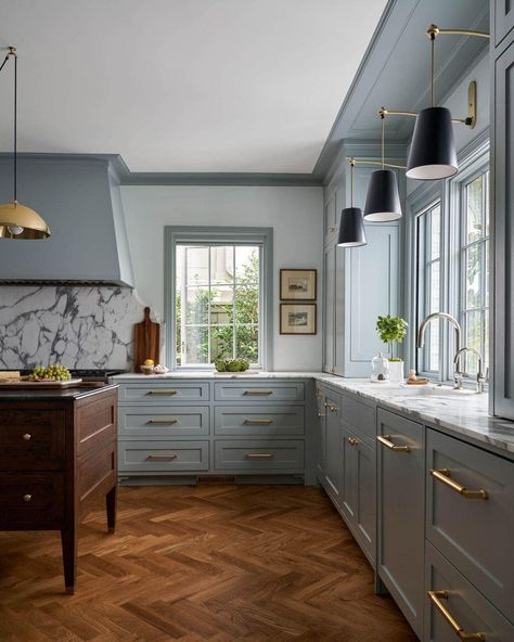 Dallas House, Herringbone Wood Floor, Brown Kitchens, Herringbone Floor, Blue Cabinets, Road Design, Blue Kitchens, Ideas Kitchen, Beautiful Kitchens