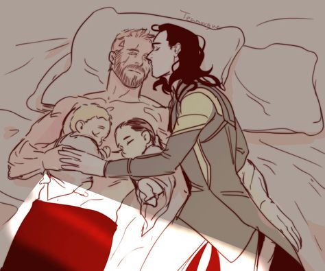 ThorKi family by teamorgue Thorki Fanart Mpreg, Thorki Mpreg, Loki Fan Art, Baby Avengers, Superfamily Avengers, Thor Odinson, Thor X Loki, Thor Loki, Loki Fanart