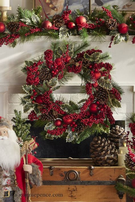 Pine wreath with red berries and pinecones Raz Imports, Sleigh Bells, Pinecone Wreath, Sleigh Bell, Red Berries, Ornament Wreath, How To Make Wreaths, Pine Cones, Berry