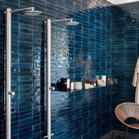 Tiled Bathroom, Bad Inspiration, Zellige Tile, Design Del Prodotto, Blue Bathroom, Bathroom Inspo, Blue Tiles, Bathroom Renos, Wall And Floor Tiles