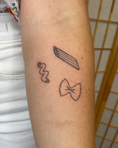 Three Pasta Tattoo Pasta Tattoo Ideas Small, Pasta Tattoo Small, Pasta Tattoo Ideas, Food Tattoo Ideas, Pasta Tattoo, Culinary Tattoos, Food Tattoo, Sushi Pizza, Pizza Tattoo