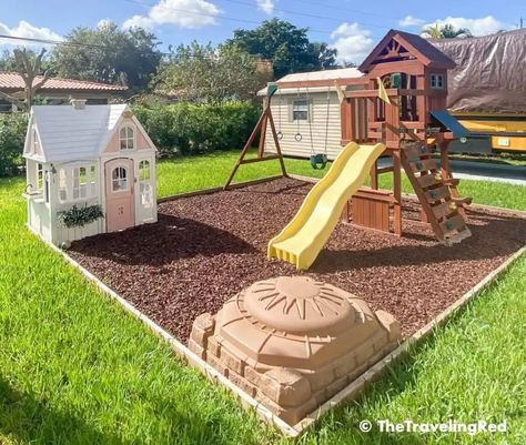 BACKYARD PLAYGROUND AT HOME – HOW TO BUILD IT Backyard Playground Landscaping Diy, Backyard Landscaping With Playset, Small Outdoor Playground, Backyard Fun For Toddlers, Playhouse Backyard Ideas, Diy Playset Outdoor Plans Free, How To Build A Playground, Back Yard Ideas For Kids, Toddler Playground Ideas