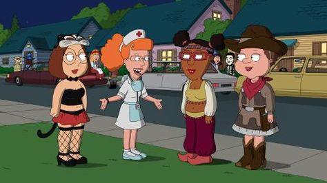 The DVD commentary points out that this episode was unusual for having three plot lines instead of the standard two, involving almost all of the major characters. A fourth plot line featuring Lois and Bonnie passing out candy was planned but didn't make it into the final episode. The DVD commentary also identifies the names of Meg's friends as Ruth, Esther and Patty. It also says that Family Guy Online used the aerial scenes to plot out the map of Quahog. High School Halloween Party, All Halloween Movies, Meg Family Guy, High School Halloween, Meg Griffin, Halloween Pranks, School Halloween Party, Halloween Queen, Guy Friends