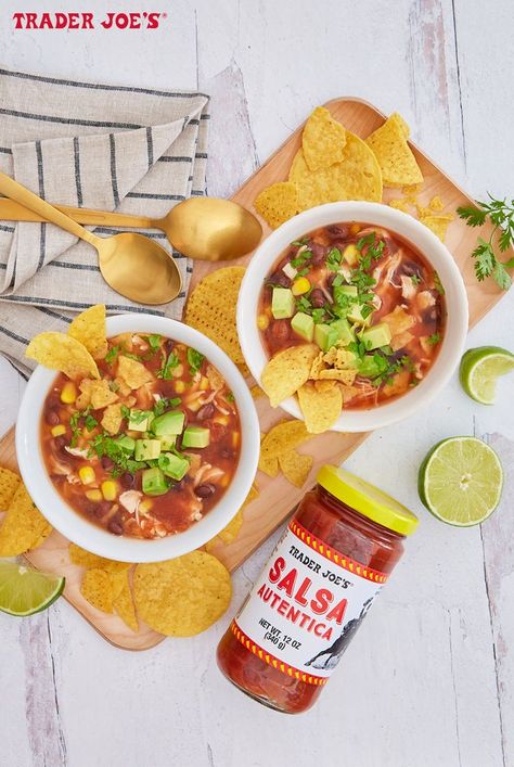 Trader Joe Soup Recipes, Trader Joe’s Soup, Trader Joes Soup Recipe, Healthy Tortilla Soup Recipes, Salsa Soup Recipe, Trader Joes Soup, Salsa Soup, Trader Joes Recipes Dinner, Trader Joes Meal Planning