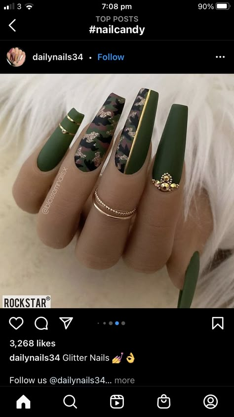 Army Green Nails Acrylic, Camo Nails Acrylic, Sassy Nails Designs, Camo Acrylic Nails, Army Green Nails, Military Nails, Camo Nail Art, Easy Nail Polish, Camouflage Nails