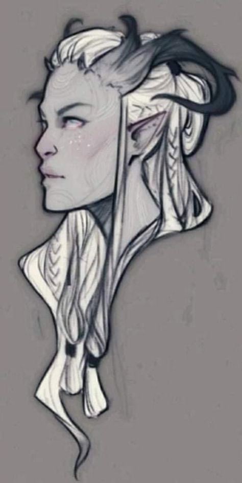 Tiefling, Female, Grey, White, Antlers Grey Tiefling, Chantal Horeis, Trickery Cleric, Celestial Warlock, Antlers Drawing, Dnd Tiefling, Dnd Character Design, Dnd Races, Roleplay Characters