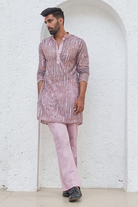 Shop for these amazing collections of Purple Net Embroidery Sequin Tanha Interstellar Short Kurta With Pant For Men by Mahima Mahajan online at Aza Fashions. Men Kurta Designs Style 2024, Minimalistic Photoshoot, Men Ethnic Wear India, Kurta Designs Men's, India Fashion Men, Short Kurta For Men, Mahima Mahajan, Photoshoot Background, Mens Indian Wear