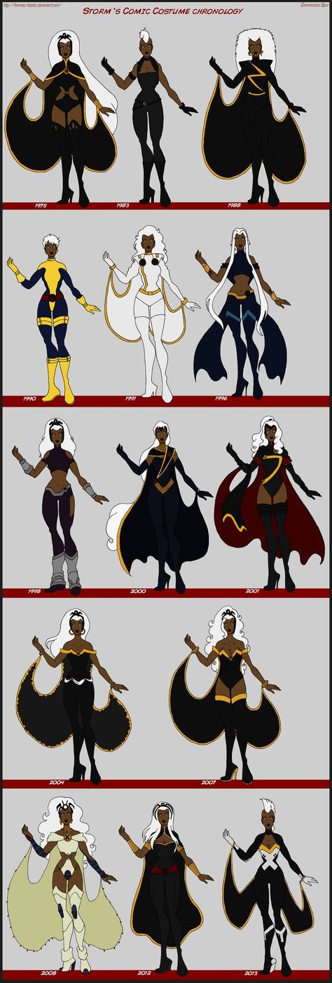 storm x men | Men - Storm Comic Costume Chronology by Femmes-Fatales.deviantart ... Storm Outfits, Weather Goddess, Goddess Wardrobe, X Men Mystique, Xmen Storm, Black Costumes, Storm Costume, Storm Cosplay, Storm Comic