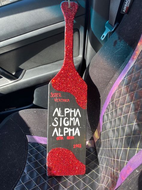 This paddle is in the font of american horror story, labeled Alpha Sigma Alpha the chapter is Beta Beta Big Little Paddles, Pi Phi, Sorority Paddles, Alpha Sigma Alpha, Ghost Faces, Big Little, School Themes, American Horror Story, Sorority