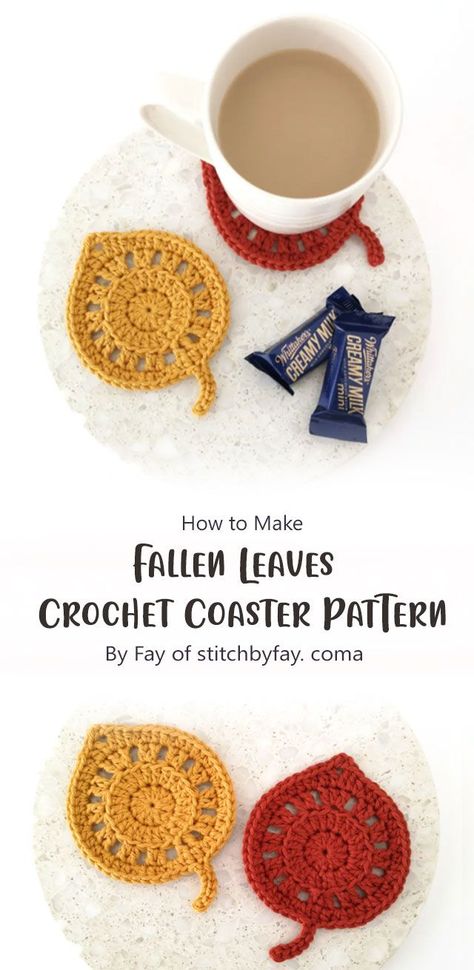 This free pattern is for a crochet leaf coaster but it’s also able to work up in no time. It makes for a great last minute gift! Leaf Coasters Crochet Free Pattern, Crocheted Coasters Pattern Free, Crochet Leaf Coasters, Crochet Leaf Coaster, Crochet Fall Coasters, Crochet Leaf Free Pattern, Leaf Crochet Coaster, Farmhouse Crochet, Crochet Pins