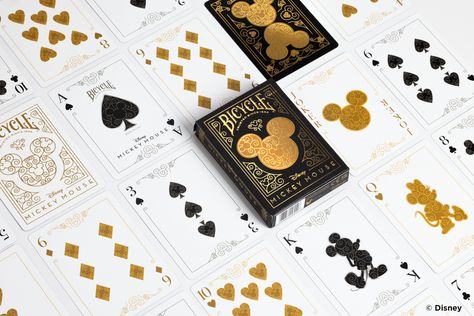 Disney Mickey Mouse inspired Black and Gold Playing Cards by Bicycle Gold Playing Cards, Mickey Mouse Black, Hidden Mickeys, Gold Foil Cards, Flourish Design, Bicycle Playing Cards, Money Magic, Disney Facts, Hidden Mickey