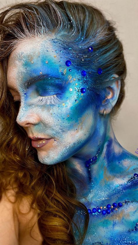 Water Makeup Element, Water Element Makeup, Ocean Makeup Looks, Water Makeup Look, Water Inspired Makeup, Water Makeup Looks, Underwater Makeup, Water Character, Ocean Makeup