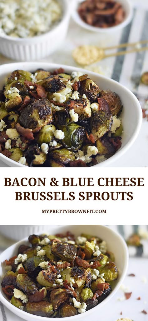 Elevate your side dish with these roasted Brussels sprouts with blue cheese crumbles, thick-cut bacon pieces, and sprinkles of parmesan cheese. They are so delicious, easy to make, and full of flavor. Brussel Sprouts Recipes Easy, Baked Sweet Potato Casserole, Baked Brussel Sprouts, Blue Cheese Crumbles, Blue Cheese Recipes, Egg And Cheese Sandwich, Roasted Sprouts, Bacon Brussel Sprouts, Vegan Parmesan Cheese