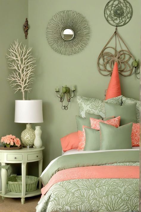 Can I Experience Midnight Whispers: Sage Green and Coral Reef Bedroom Bliss [2024]? #Ad #homedecor #homedesign #fixhome #Painthome #interiorarchitecture Sage Green And Coral Bedroom, Green And Coral Bedroom, Coral And Green Bedroom, Coral Bedroom Ideas For Adults, Sage Bedroom, Coral Home Decor, Coral Bedroom, Tropical Bedroom, Bedroom Turquoise