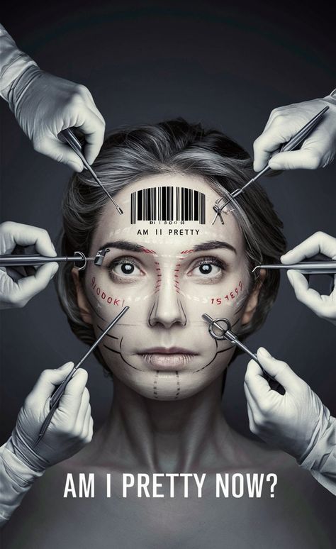 A thought-provoking photograph that explores the concept of societal beauty standards and the lengths people go to achieve them. The central image features a woman's face with surgical markings, surrounded by hands holding medical tools, poised to alter her features. Her eyes convey a sense of apprehension or resignation. The barcode on her forehead symbolizes the commodification of beauty and the reduction of individuals to products. The overlaid text, "Am I pretty now?", adds a poignant questi Am I Pretty, Medical Tools, Star Beauty, Hands Holding, Ap Art, Beauty Standards, Her Eyes, Woman Face, Thought Provoking