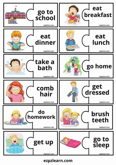 More fun with your teaching with Free Printable Word Match English Vocabulary game topic Daily Routines worksheets for ESL teachers using for kindergarten, preschool and so on you can either download or print directly from our website. English Vocabulary Games, Vocabulary Games For Kids, English Games For Kids, अंग्रेजी व्याकरण, Teach English To Kids, Materi Bahasa Inggris, English Activities For Kids, English Phonics, Learning English For Kids