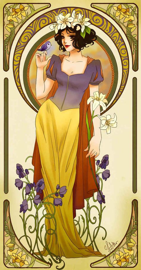 Wow!! I really want to be Snow White now!!  Snow White, Snow White | These Mucha Inspired Disney Princesses Are Stunning Art Nouveau Disney, Princesas Disney Anime, Animation Disney, Alfons Mucha, Prințese Disney, Images Disney, صفحات التلوين, Princesa Disney, Art Disney