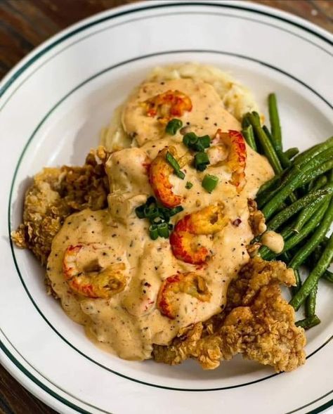 Louisiana Cajun Cooking And Recipes | Chicken Fried Steak, Creole Crawfish Gravy, Mashed Potatoes and Roasted Green Beans. | Facebook Creole Crawfish Gravy, Crawfish Gravy, Gravy Mashed Potatoes, Truffle Mashed Potatoes, Chicken Fried Steak Recipe, Creole Food, Louisiana Cajun, Fried Steak, Roasted Green Beans