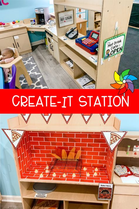 Dramatic Play Storage Ideas, Dramatic Play Areas For Preschool, Kitchen Dramatic Play Area, Diy Dramatic Play Stand, Dramatic Play Furniture, Cookie Shop Dramatic Play, Dramatic Play Area Preschool, Daycare Room Ideas, Play Preschool