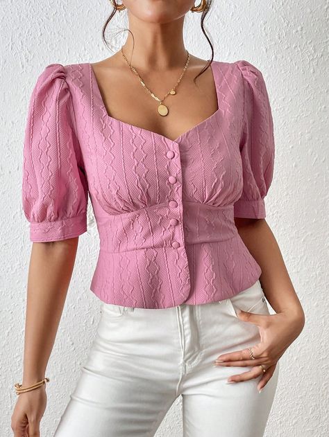 Pink Casual Collar Short Sleeve Fabric Plain Peplum Embellished Non-Stretch Spring/Summer/Fall Women Clothing Sunset Girl, Clothing Designs, Moda Boho, Top Shirt Women, Stylish Blouse, Peplum Blouse, Sweetheart Neck, Cotton Top, Summer Fall