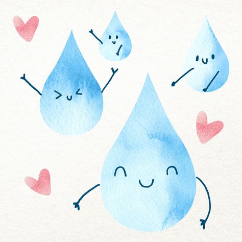 Rain Drops Illustration, Rain Drops Drawing, Water Droplets Drawing, Water Drop Illustration, Diary Doodles, Drop Illustration, Rain Watercolor, Water Png, Faces Design