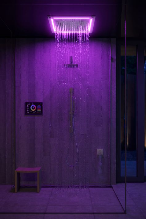 Neon Shower Aesthetic, Thermasol Steam, Modern Bathroom Aesthetic, Ideas Habitacion, Cyberpunk Oc, Aesthetic Shower, Bedroom Ideas For Small Rooms Cozy, Indoor Sauna, Shower Fixtures