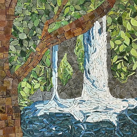 Banias Waterfall by Patty Franklin, Mosaic, 12 x 12 Waterfall Mosaic, Tree Mosaic, Waterfall Wall Art, Waterfall Wall, Custom Mosaic, Willow Tree, Stained Glass Mosaic, Glass Mosaic, Mosaic Tile