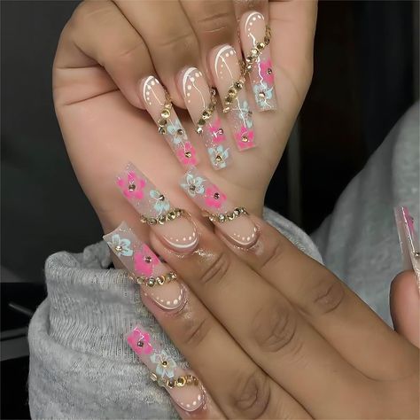 Nails With Gold Rhinestones, Nails With Cherry, Rhinestones Designs, Nails With Gold, Press On Nails Long, Manicure Tips, Nail Type, Nails Set, Fake Nails With Glue