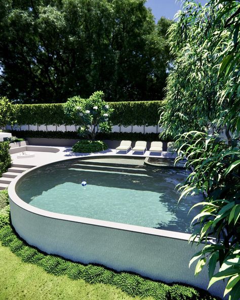 Tristan Peirce Landscape Architecture Pool and Garden Design | 7.5 x 7.5m out of ground pool with spa concept for a waterpolo mad family with connecting gathering and seating space. #landscapearchitect��… | Instagram Out Of Ground Pool, Pool And Garden Design, Raised Pools, Pool With Spa, Pool And Garden, Outside Pool, Pool Landscape Design, Backyard Pool Landscaping, Casa Exterior