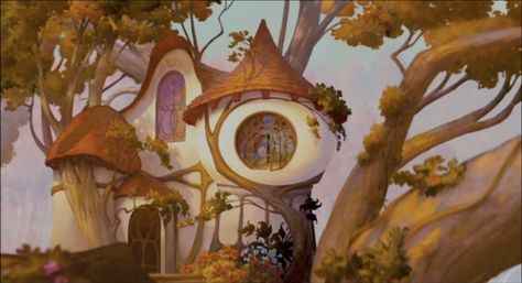 Giselle's cottage in Enchanted Enchanted Movie, Giselle Enchanted, Seven Dwarfs Mine Train, Enchanted Cottage, Disney Enchanted, Disney Background, Film Disney, Forest Art, Animation Background