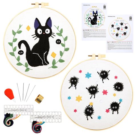 PRICES MAY VARY. Embroidery Starter Kits for Beginners: You will get 2pcs embroidery fabric with black cat and cute elfin pattern, 2pcs 8 inch embroidery hoops, 4pcs embroidery needles, enough color embroidery threads, needle threader, adjustable thimble, instructions. You can get a pretty craft decor while learning the stitch techniques by finish this adults hand embroidery kits. Easy Operation Embroidery Kits: The funny animal stamped cross stitch kit comes with very detailed instructions to h Bee And Puppycat Cross Stitch, Black Cat Embroidery, Pokemon Embroidery, Diy Embroidery Crafts, Beginner Hand Embroidery, Stitch Techniques, Stamped Cross Stitch, Cross Stitch Hoop, Cat Embroidery