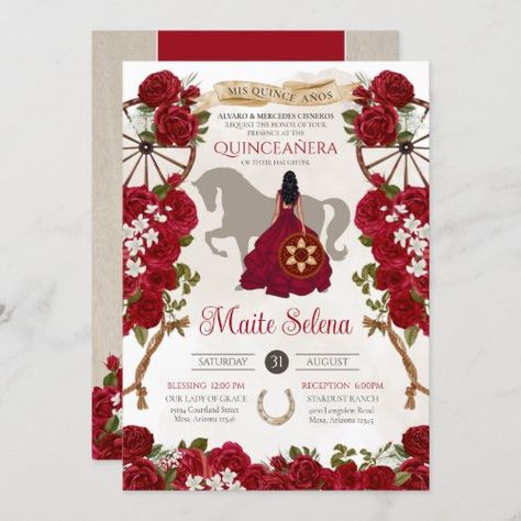 $ 3.15 | Rustic Western Red Roses Floral Charro Quinceanera - quinceanera invitation, charro quinceanera, red, floral roses, red quince dress, elegant fancy beautiful, western, red rose, rustic farm rodeo vintage, red quinceanos cowboy cowgirl Charro Quinceanera Theme, Quinceanera Charro, Red Quince Theme, Quinceanera Red, Horse Invitations, Invitations Quinceanera, Red Quince, Quince Invitations, Quinceanera Planning