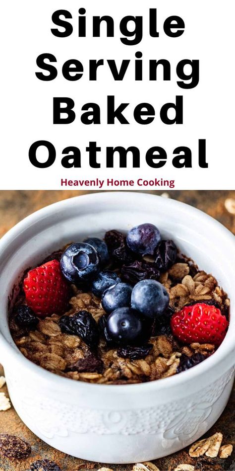 Sometimes you're craving baked oatmeal, but don't want to make a big batch. This single serving baked oatmeal is perfectly portioned for one person. It is easily baked in the oven or your air fryer. It's not only great for breakfast, but it makes a tasty dessert! Stir in some raisins, chocolate chips, or whatever other stir-in strikes your fancy, and you'll be good to go! Get the easy recipe at Heavenly Home Cooking. Baked Oatmeal In A Mug Recipes, Baked Oatmeal To Go, Healthy Baked Oatmeal For One, Quick Baked Oatmeal For One, Single Serve Oatmeal Bake, Single Baked Oatmeal, Baked Oatmeal Recipes Without Eggs, Baked Oatmeal Individual, Baked Oatmeal For Two