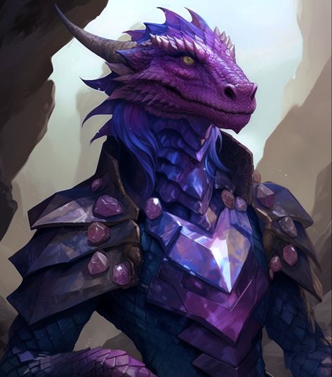 Purple Dragonborn, Amethyst Dragonborn, Gem Dragonborn, Dragon People, Gem Dragon, Dnd Dragonborn, Npc Ideas, Dragon Born, Pathfinder Character