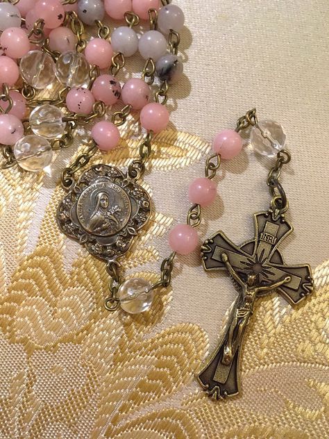 Handmade Vintage French style Bronze St. Thérèse Rosary made with 6mm pink opal Jade gemstone beads and 8mm clear crystal Quartz Our Father beads. Altar Catholic, Chapel Veil Catholic, Religious Imagery, Home Altar Catholic, Sacred Space Altar, Religious Iconography, Saint Therese, Only One, Vintage French Style