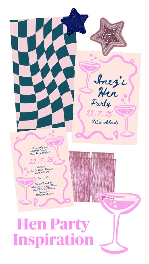 Pink and blue hen party theme invite and decor Bachelorette Invites, Bachelorette Invitations, Party Inspo, The Maids, Rustic Barn, Lets Celebrate, Party Inspiration, Hen Party, Maid Of Honor