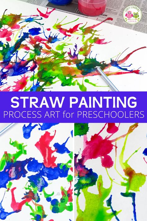 Open Ended Painting For Preschool, Paint Ideas Preschool, Watercolor Straw Blowing Art, Straw Watercolor Art, Painting Preschool Ideas, May Art Preschool, Straw Paint Blowing, Painting With Straws For Kids, Artsy Thursday Preschool