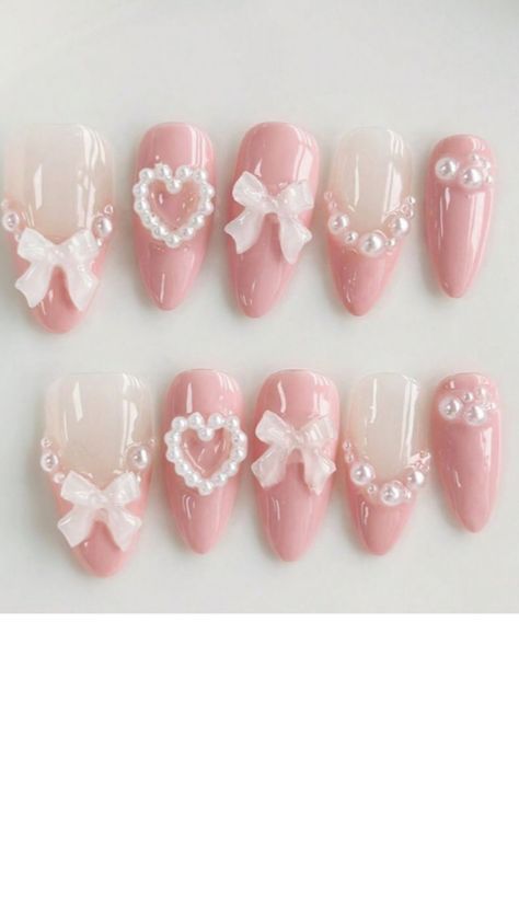 Cute Red Nails, Cute Pink Nails, Girly Acrylic Nails, Pretty Gel Nails, Really Cute Nails, Pearl Nails, Soft Nails, Kawaii Nails, Cat Kuku